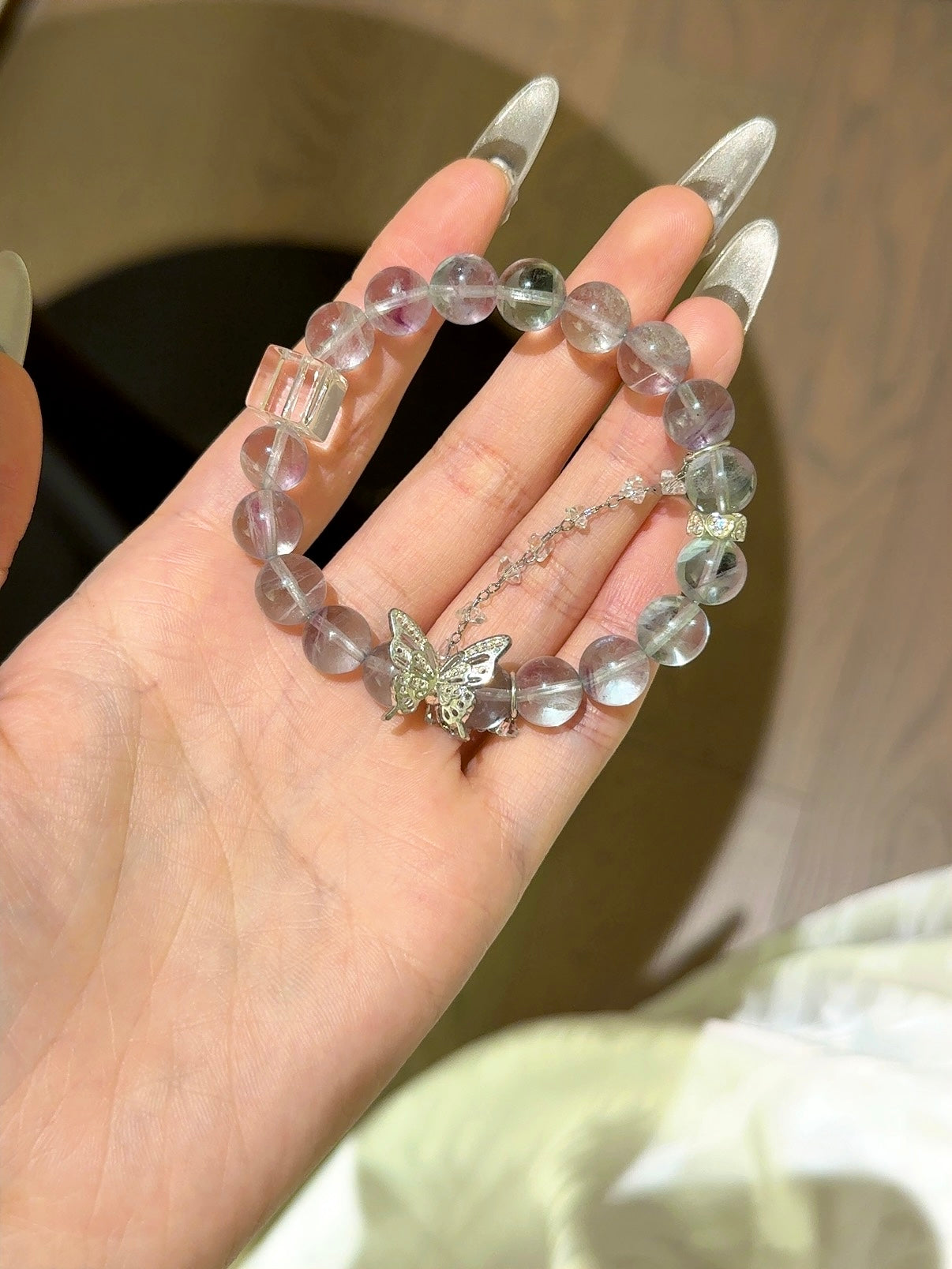 ▫️▪️ Green fluorite white crystal sugar cube bracelet